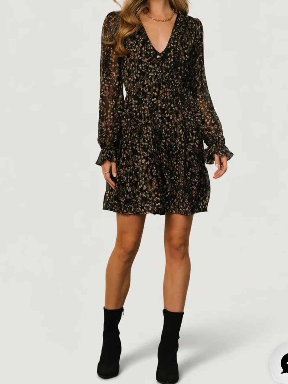 Baltic Born Black Floral V-Neck Tiered Long-Sleeve Mini Dress